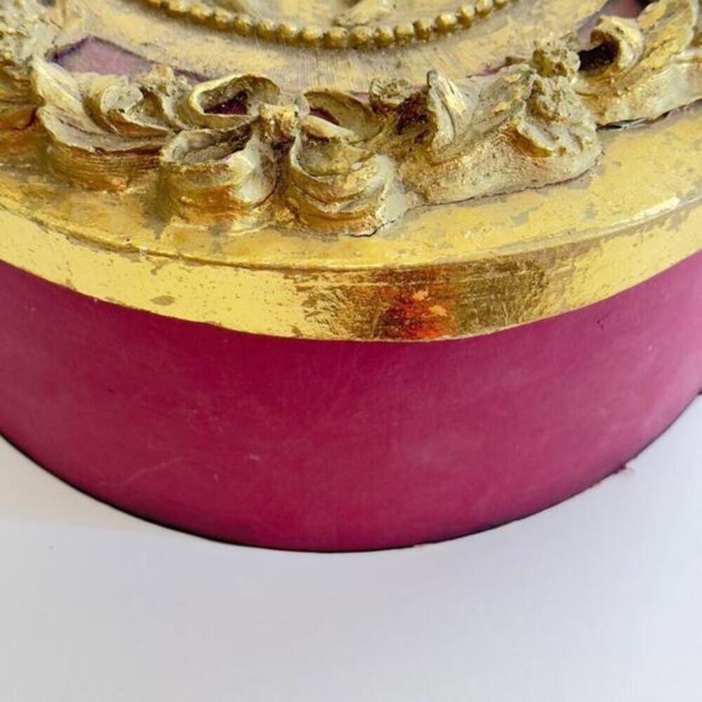 12” Paper Mache Round Box Ornate Gold and Maroon Cherub Decor Victorian Style